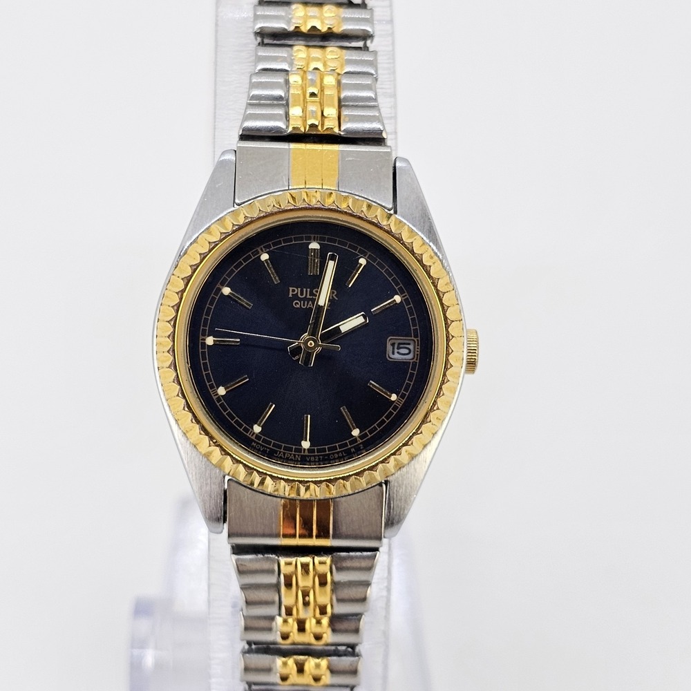 VTG Pulsar Women's Watch 24MM Black Dial Two Tone Stretch Band 5.75" NEW Battery